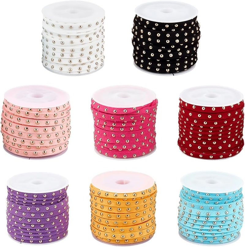 CALFOVERA 43.74 Inch x 5mm Wide Studded Flat Leather Lace Faux Suede Cords Beading String 8 Colors Rope Strips Trim Ribbon with Silver Punk Rivets for Jewelry Making Necklaces Bracelets DIY Crafts - Image 1